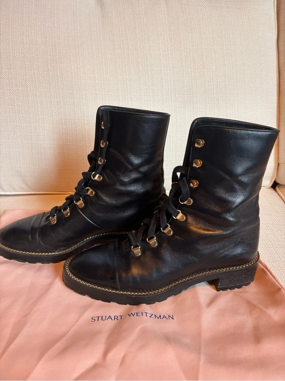 Stuart Weitzman Laine Black Leather Combat Boots Size 7.5 Gold Hardware